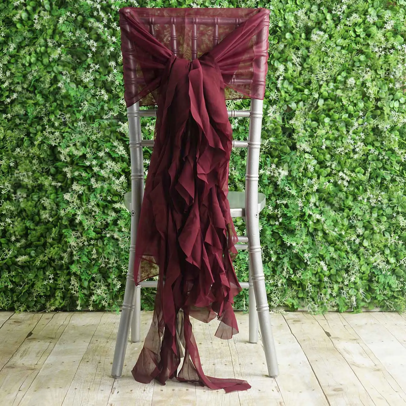 1 Set Burgundy Chiffon Hoods With Ruffles Willow Chair Sashes