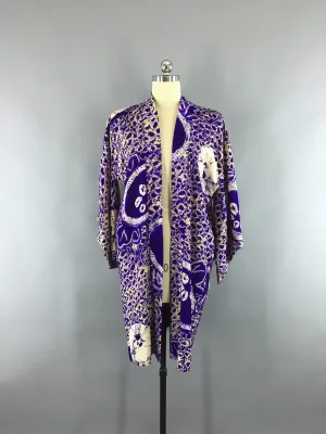 1910s-1920s Vintage Silk Haori Kimono Cardigan Jacket in Purple Shibori with Love Birds