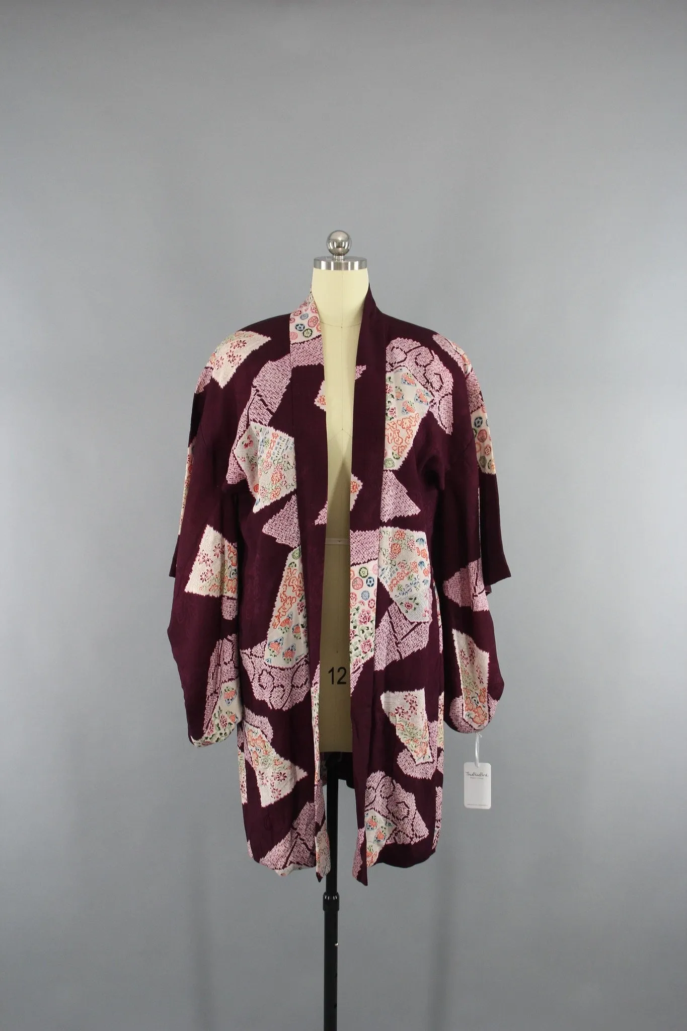 1920s Vintage Silk Haori Kimono Jacket Cardigan with Purple Floral Print