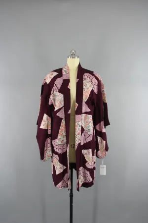 1920s Vintage Silk Haori Kimono Jacket Cardigan with Purple Floral Print