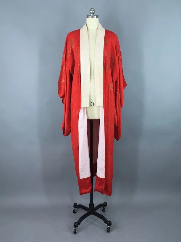 1920s Vintage Silk Kimono Robe / Red & Gold Cranes