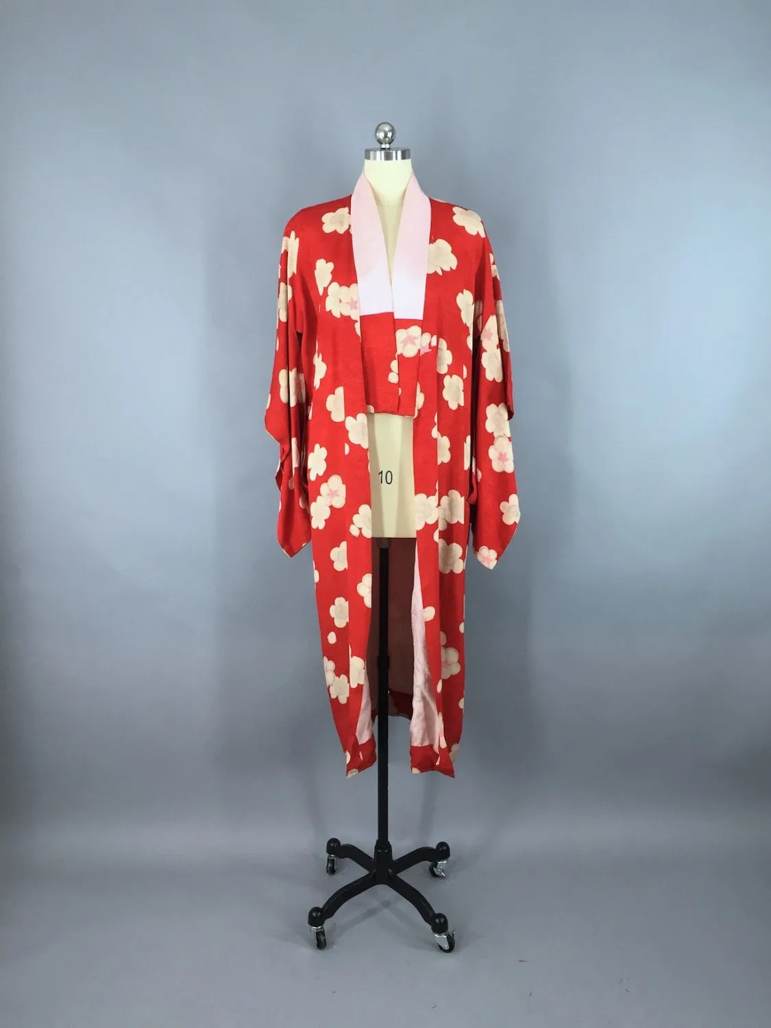 1920s Vintage Silk Kimono Robe / Red Foral Print