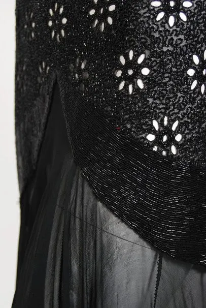 1930's French Couture Beaded Rhinestone Sheer Eyelet Silk Bias-Cut Gown