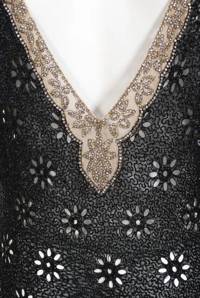 1930's French Couture Beaded Rhinestone Sheer Eyelet Silk Bias-Cut Gown