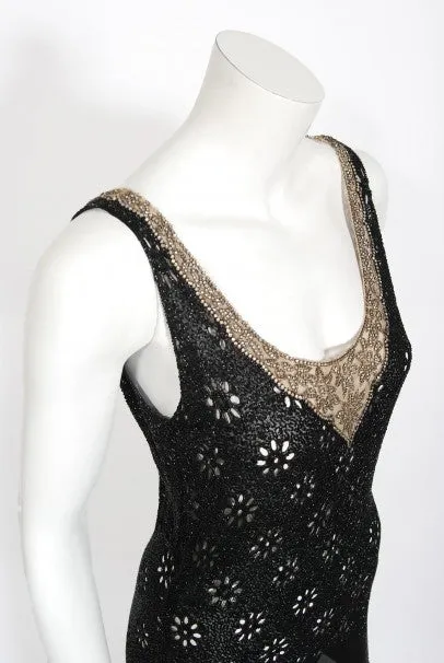 1930's French Couture Beaded Rhinestone Sheer Eyelet Silk Bias-Cut Gown