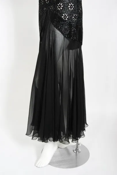 1930's French Couture Beaded Rhinestone Sheer Eyelet Silk Bias-Cut Gown