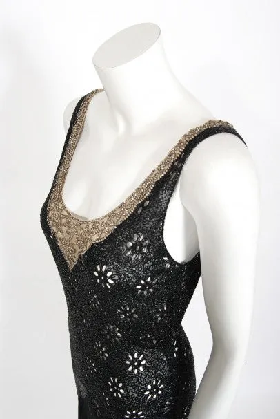 1930's French Couture Beaded Rhinestone Sheer Eyelet Silk Bias-Cut Gown