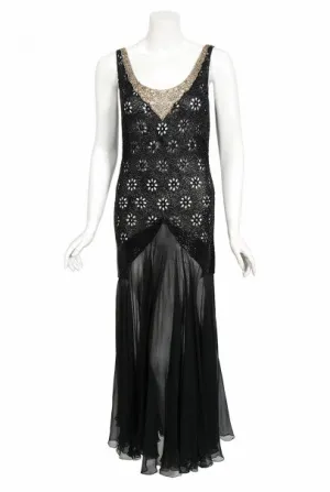 1930's French Couture Beaded Rhinestone Sheer Eyelet Silk Bias-Cut Gown