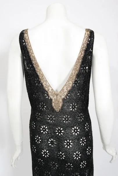 1930's French Couture Beaded Rhinestone Sheer Eyelet Silk Bias-Cut Gown