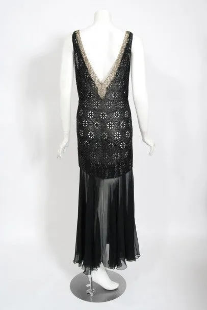 1930's French Couture Beaded Rhinestone Sheer Eyelet Silk Bias-Cut Gown