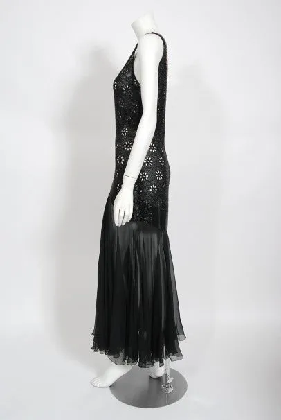 1930's French Couture Beaded Rhinestone Sheer Eyelet Silk Bias-Cut Gown