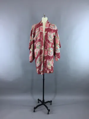 1930s Vintage Silk Haori Kimono Cardigan Jacket with Berry Pink Floral Print