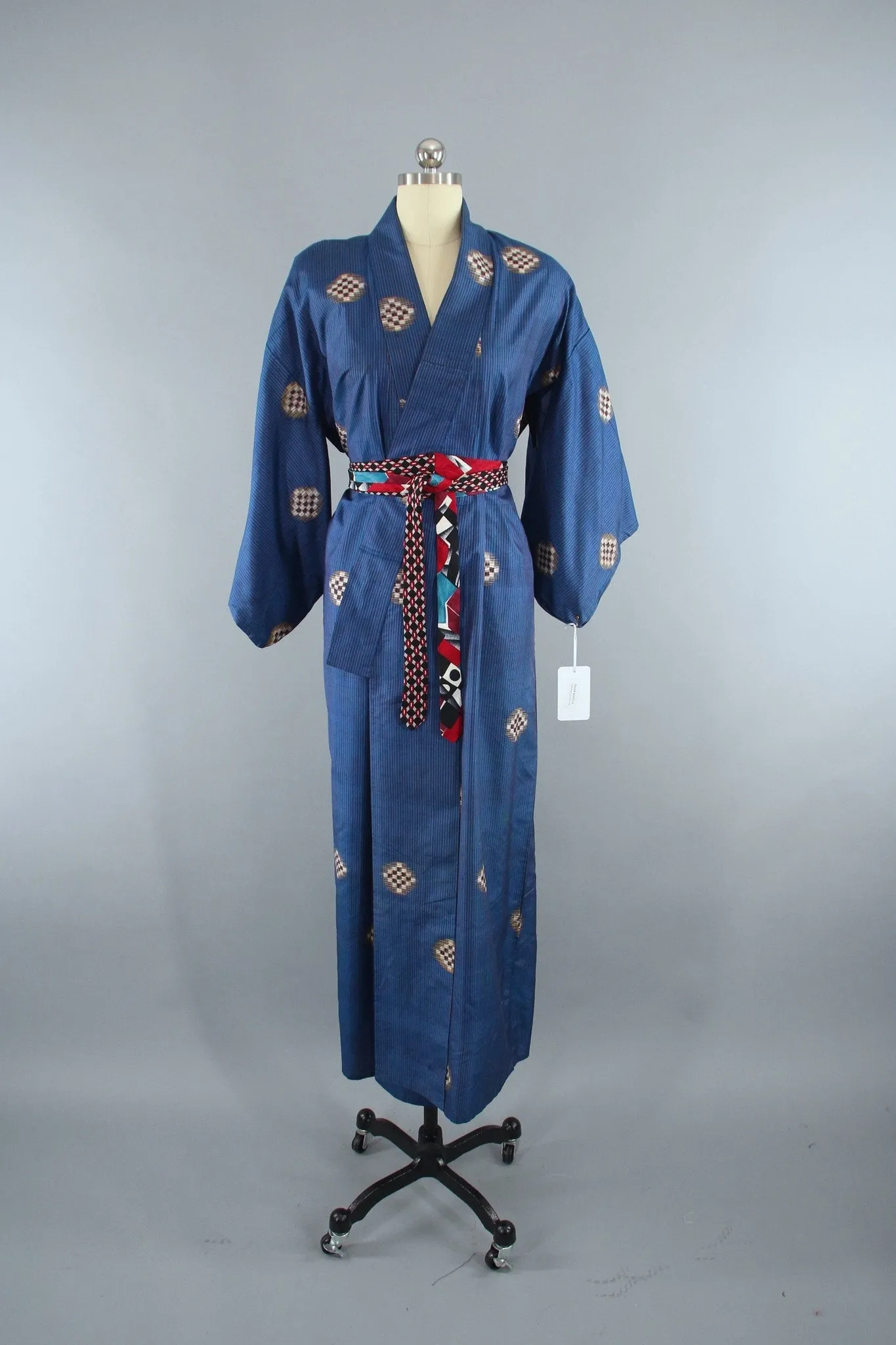 1930s Vintage Silk Kimono Robe with Blue Checkerboard Ikat Pattern