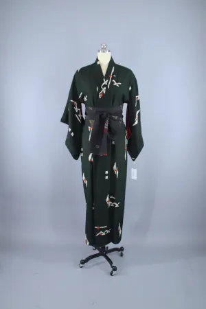 1940s Vintage Silk Kimono Robe / Forest Green