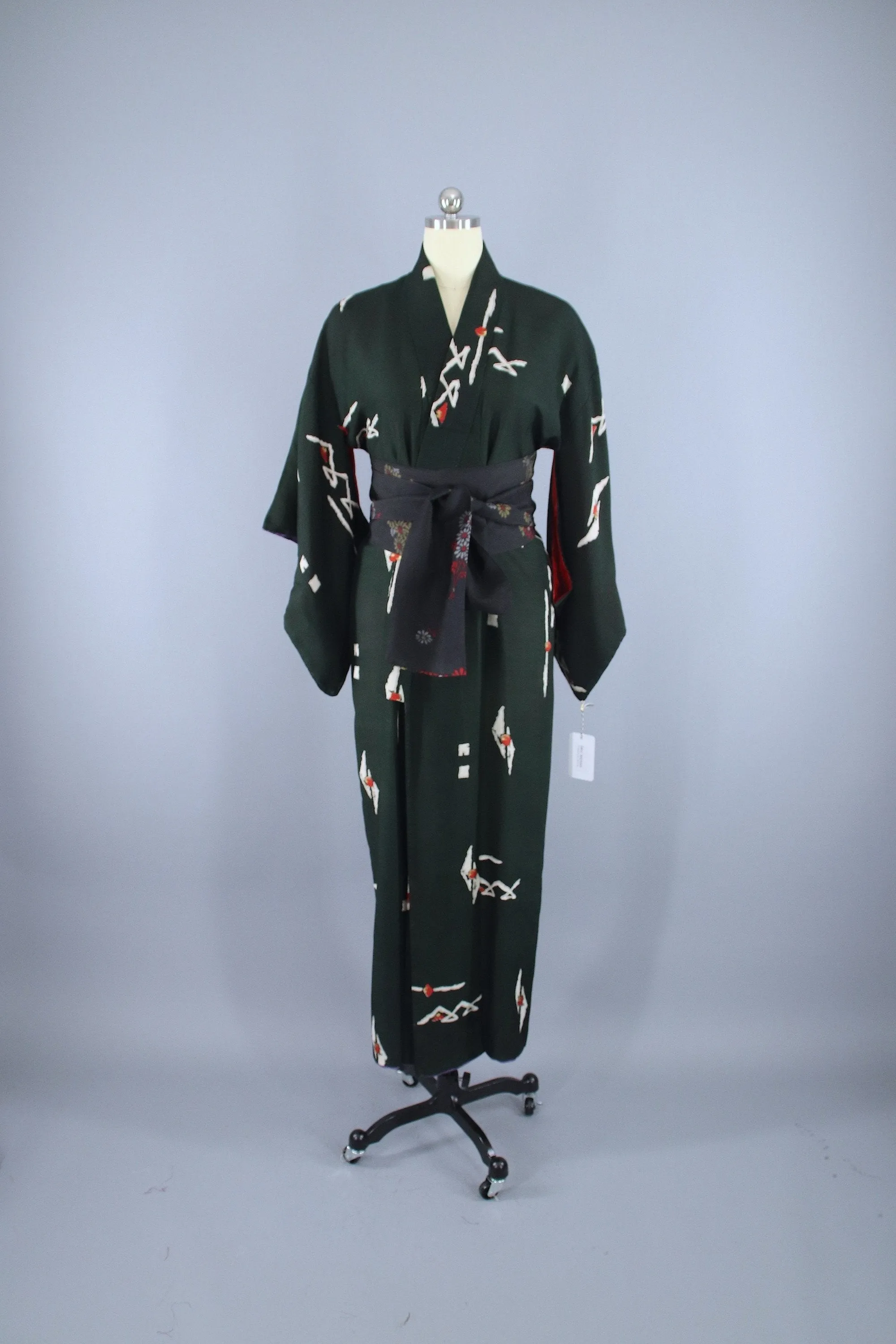 1940s Vintage Silk Kimono Robe / Forest Green