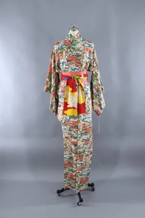 1940s Vintage Silk Kimono Robe / Village River Novelty Print