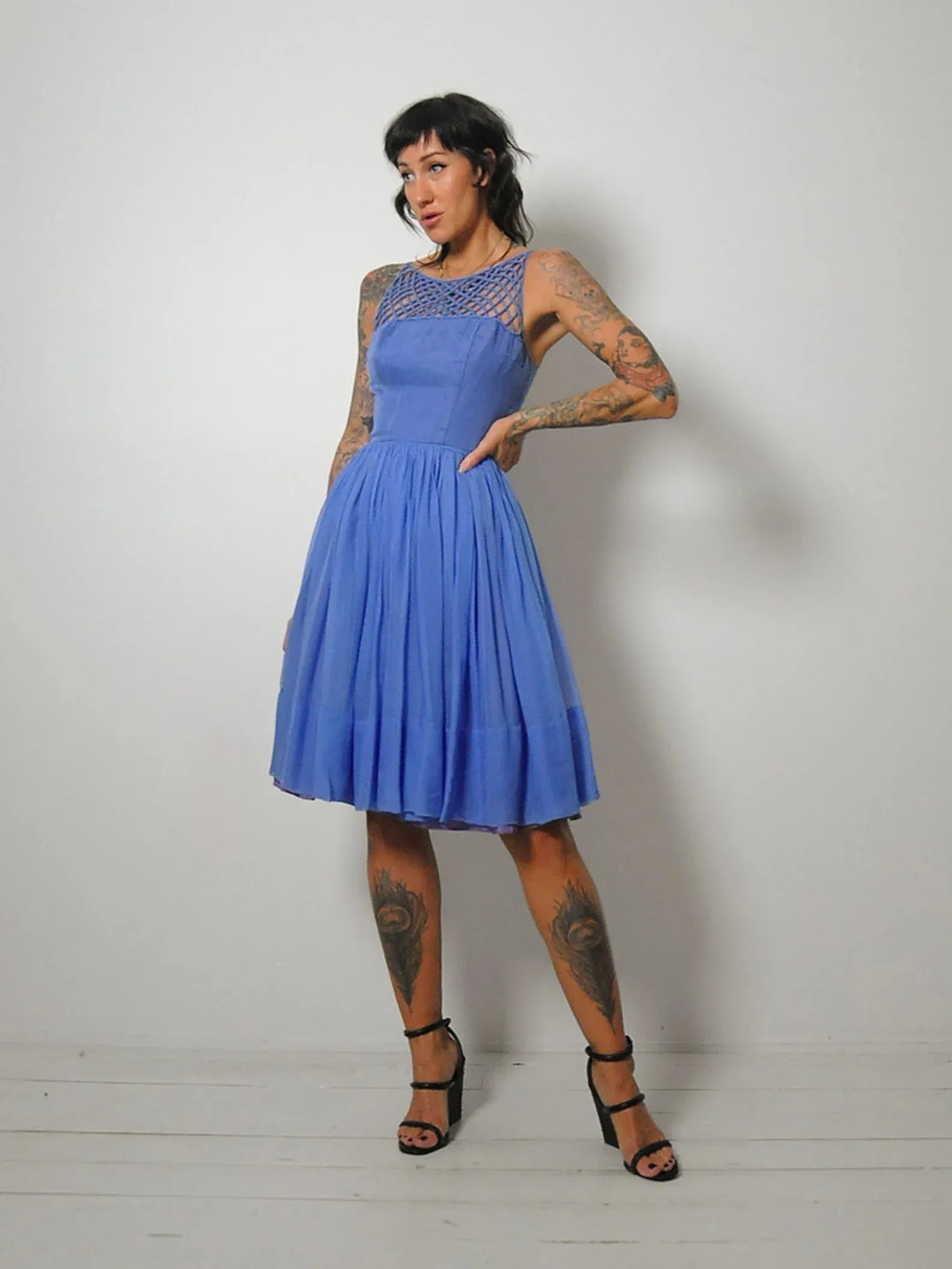 1950's Blue Lattice Chiffon Dress