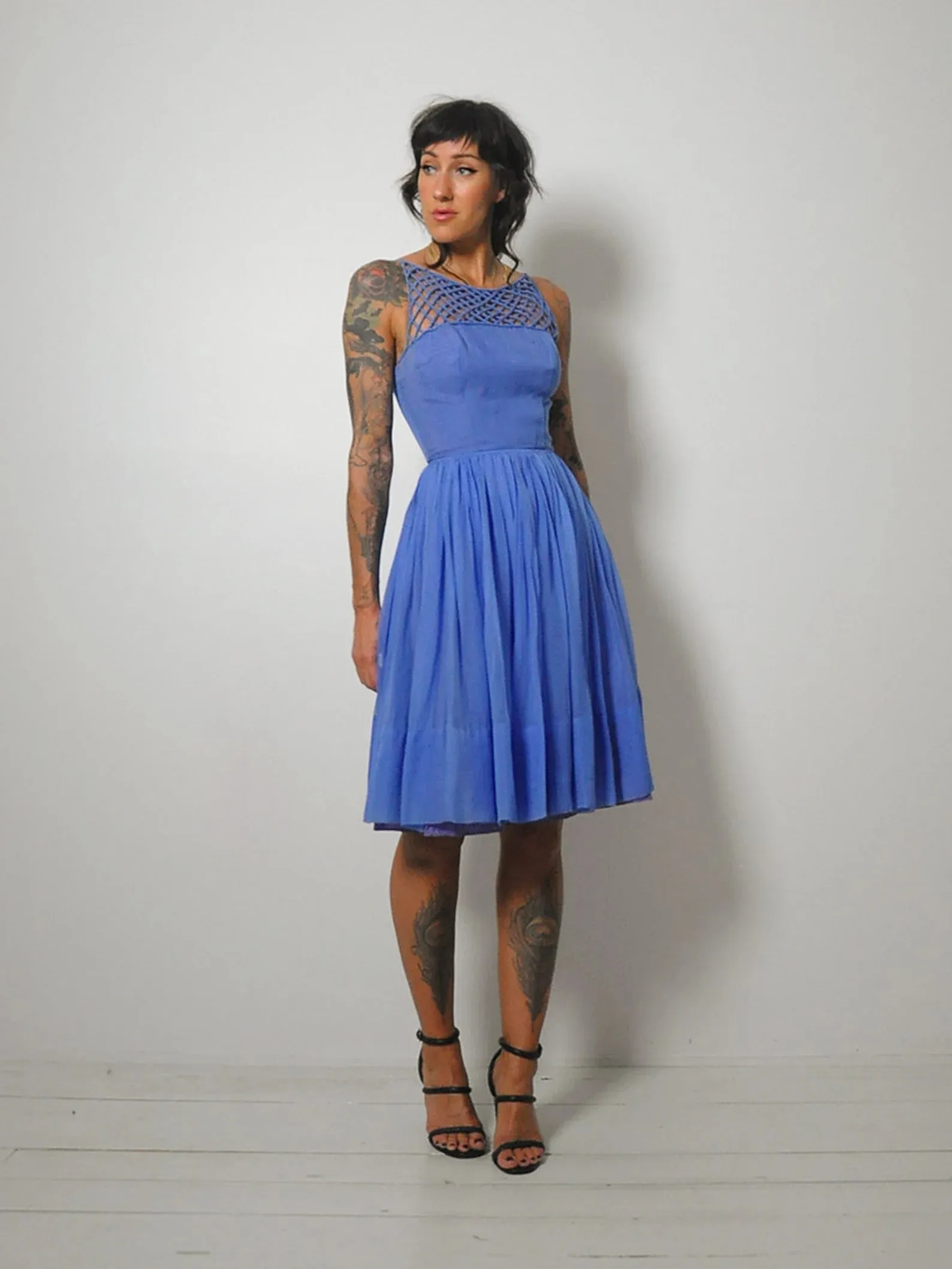 1950's Blue Lattice Chiffon Dress