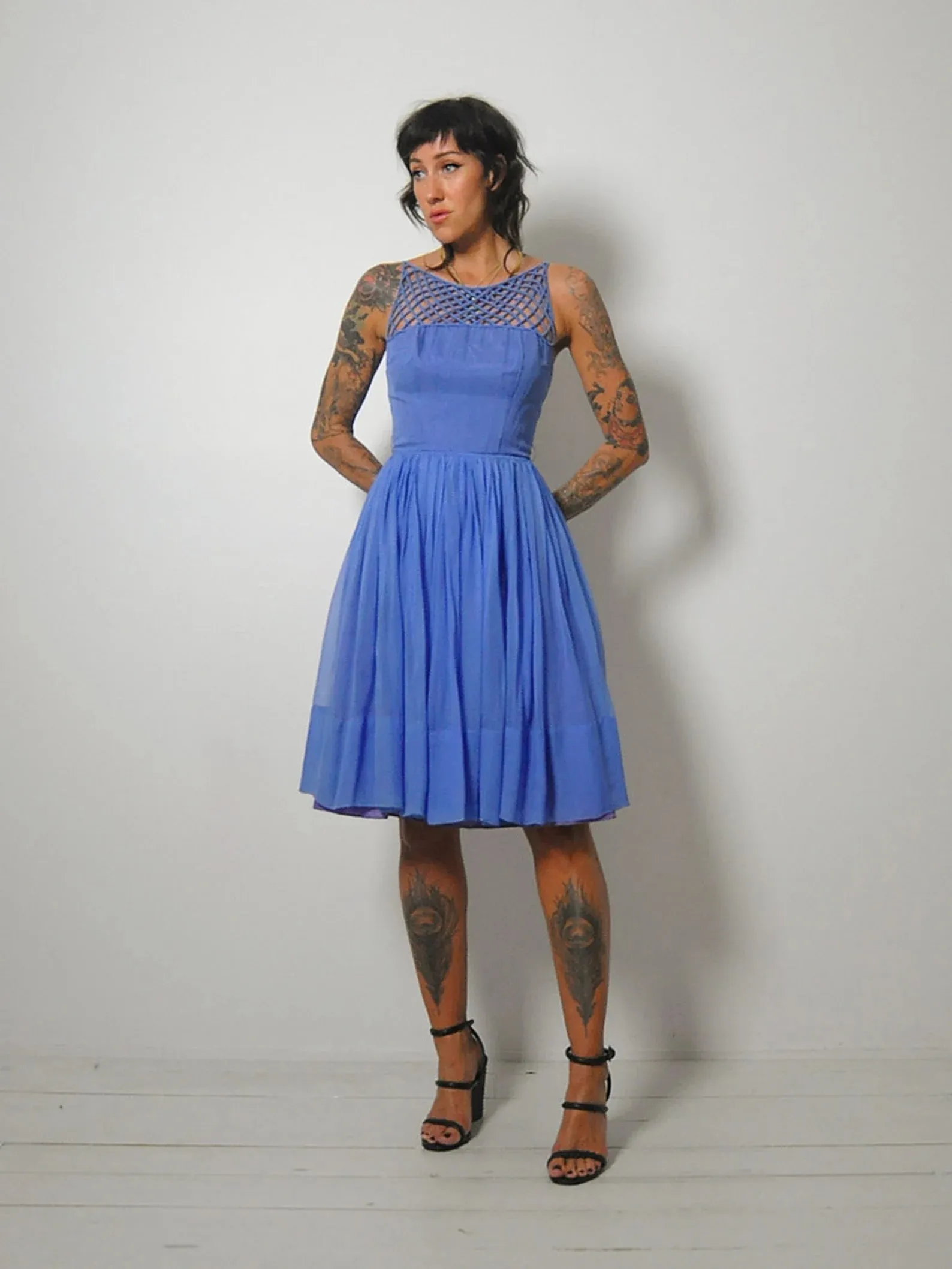 1950's Blue Lattice Chiffon Dress