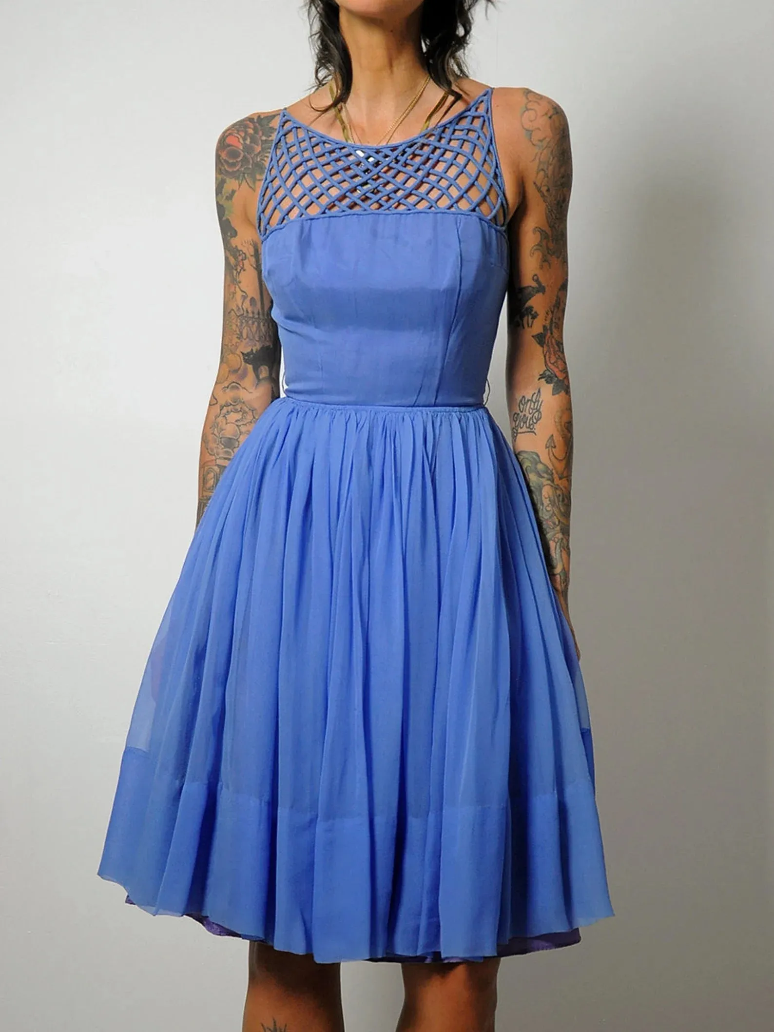 1950's Blue Lattice Chiffon Dress