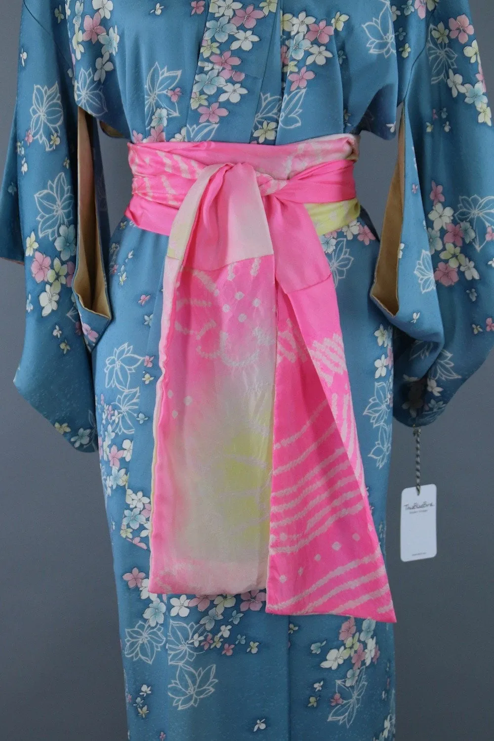 1950s Vintage Silk Kimono Robe / Blue & Pink Floral Print