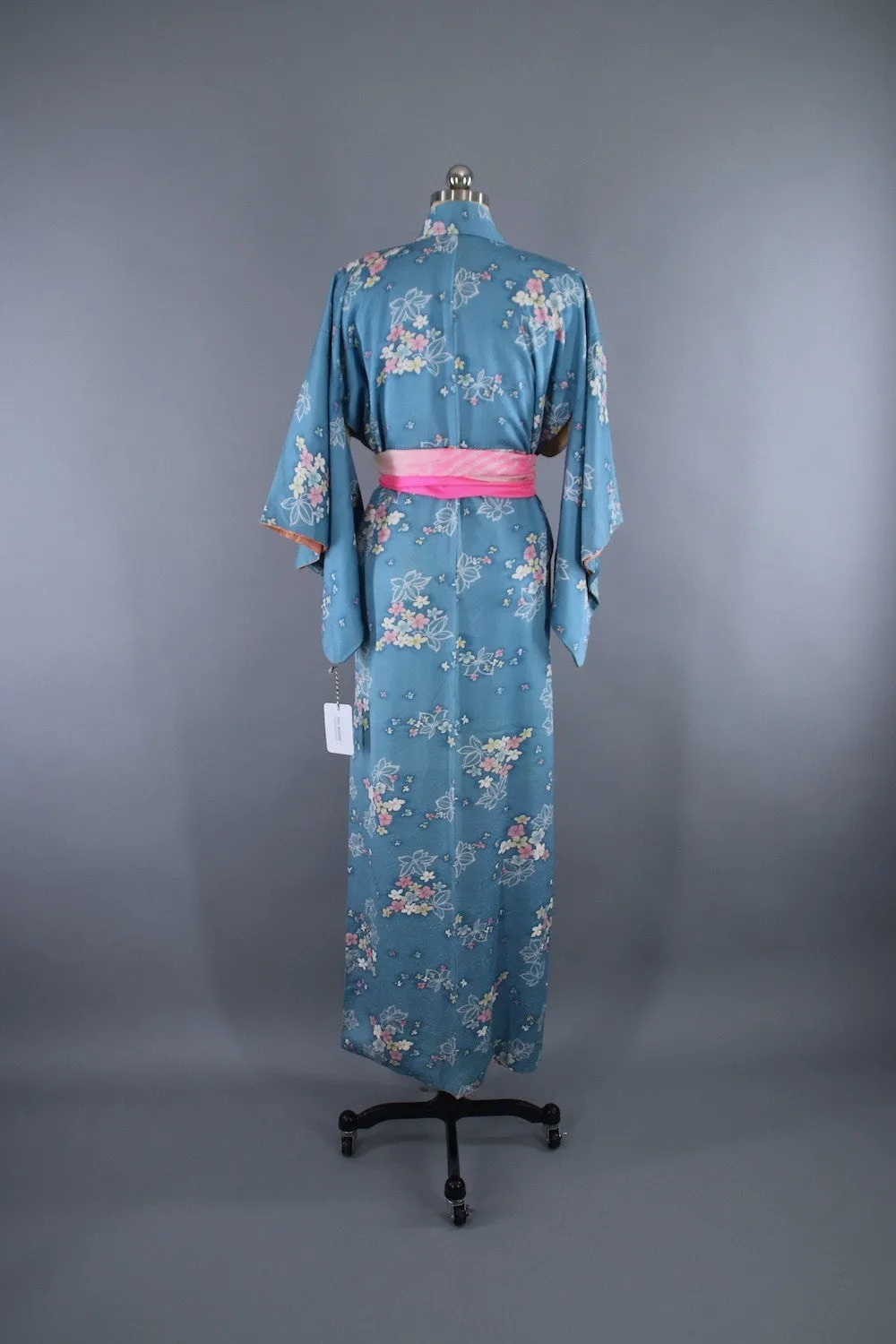 1950s Vintage Silk Kimono Robe / Blue & Pink Floral Print