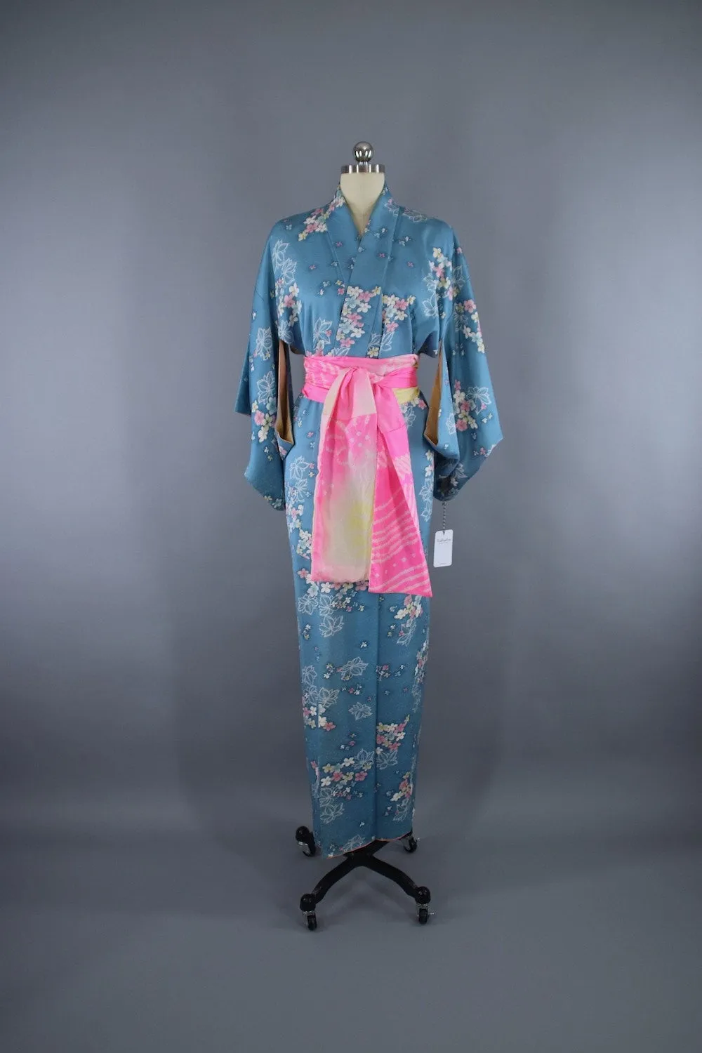 1950s Vintage Silk Kimono Robe / Blue & Pink Floral Print