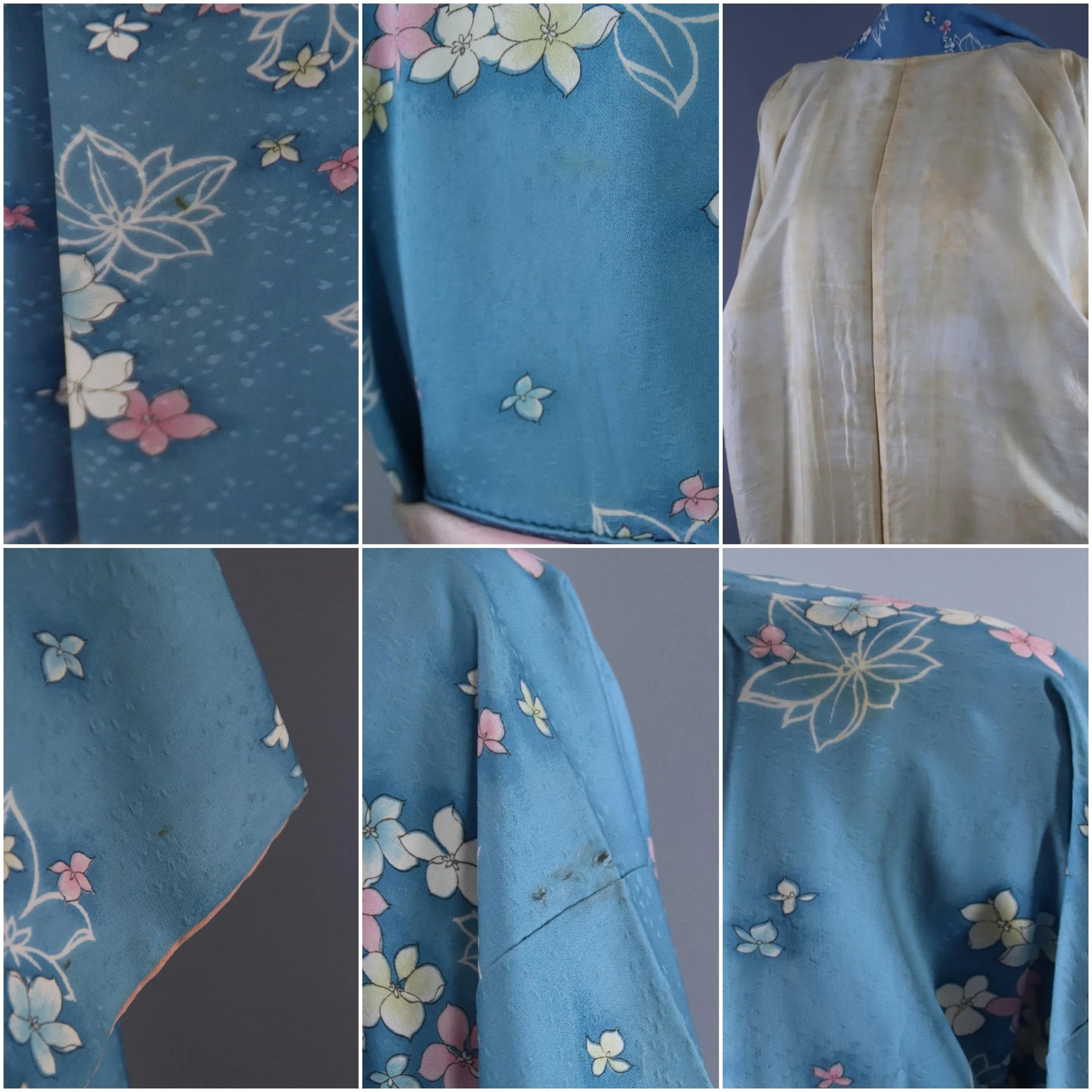 1950s Vintage Silk Kimono Robe / Blue & Pink Floral Print