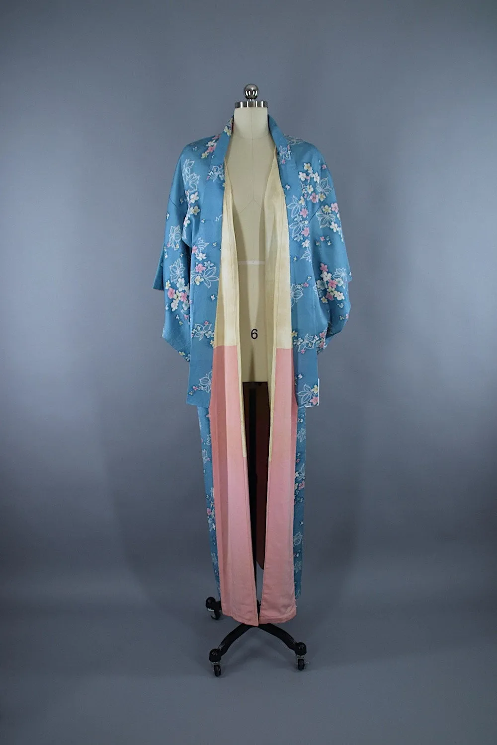 1950s Vintage Silk Kimono Robe / Blue & Pink Floral Print