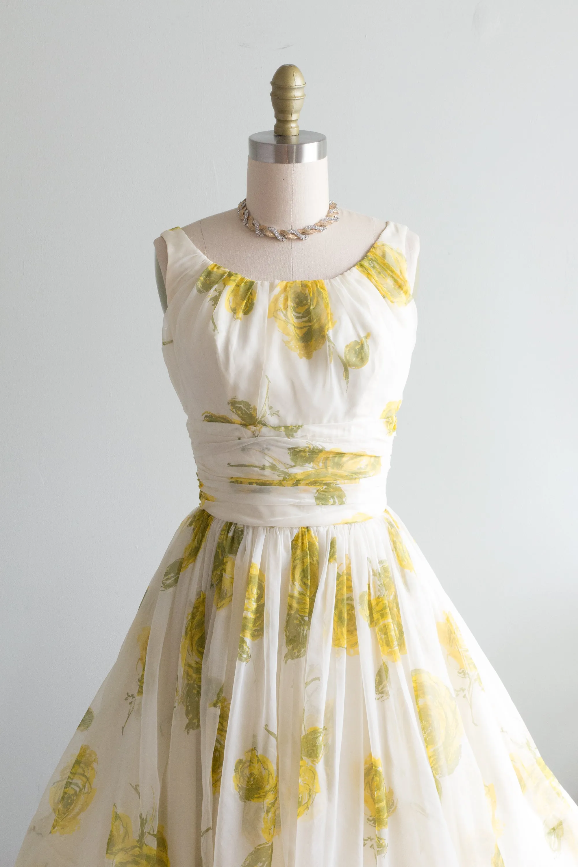 1950's Yellow Rose Chiffon Party Dress / XS