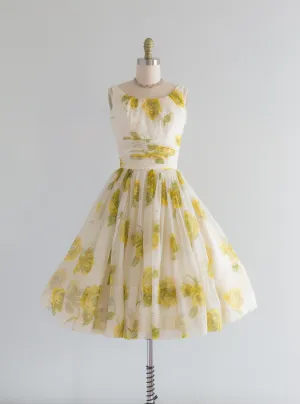 1950's Yellow Rose Chiffon Party Dress / XS