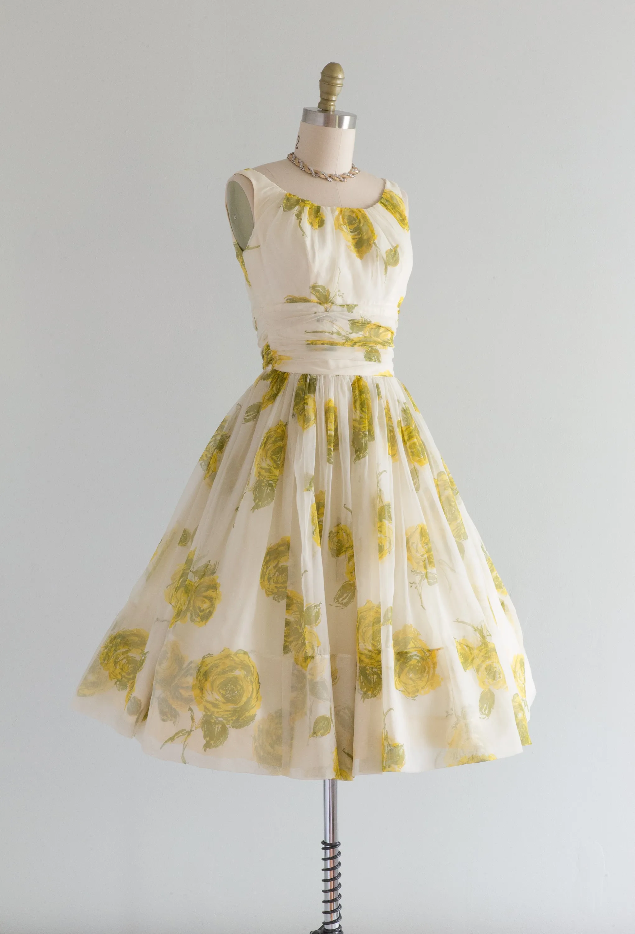 1950's Yellow Rose Chiffon Party Dress / XS