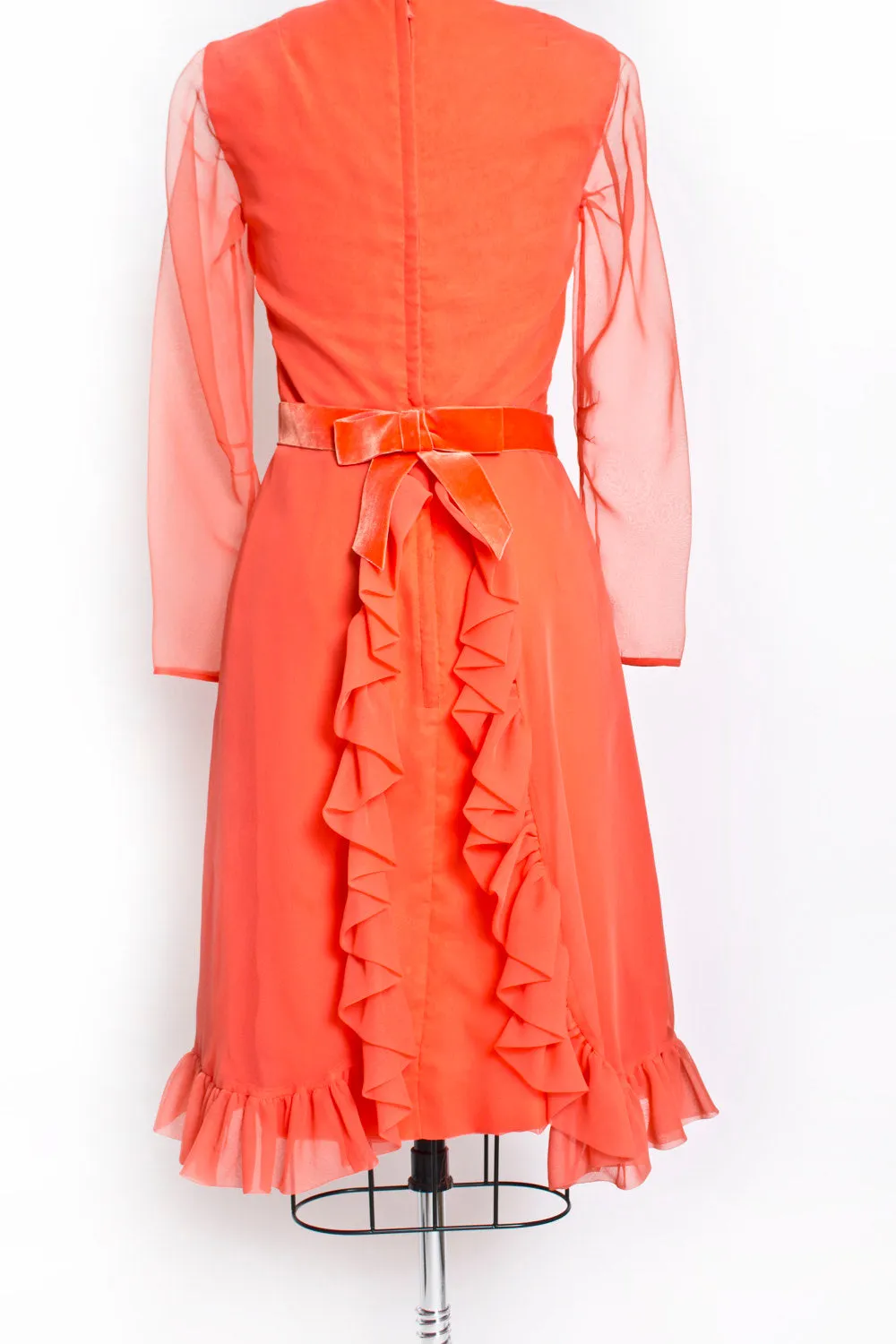 1960s Dress MISS ELLIETTE Neon Orange Chiffon Ruffle 60s Small