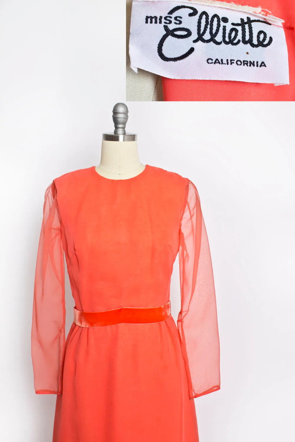 1960s Dress MISS ELLIETTE Neon Orange Chiffon Ruffle 60s Small