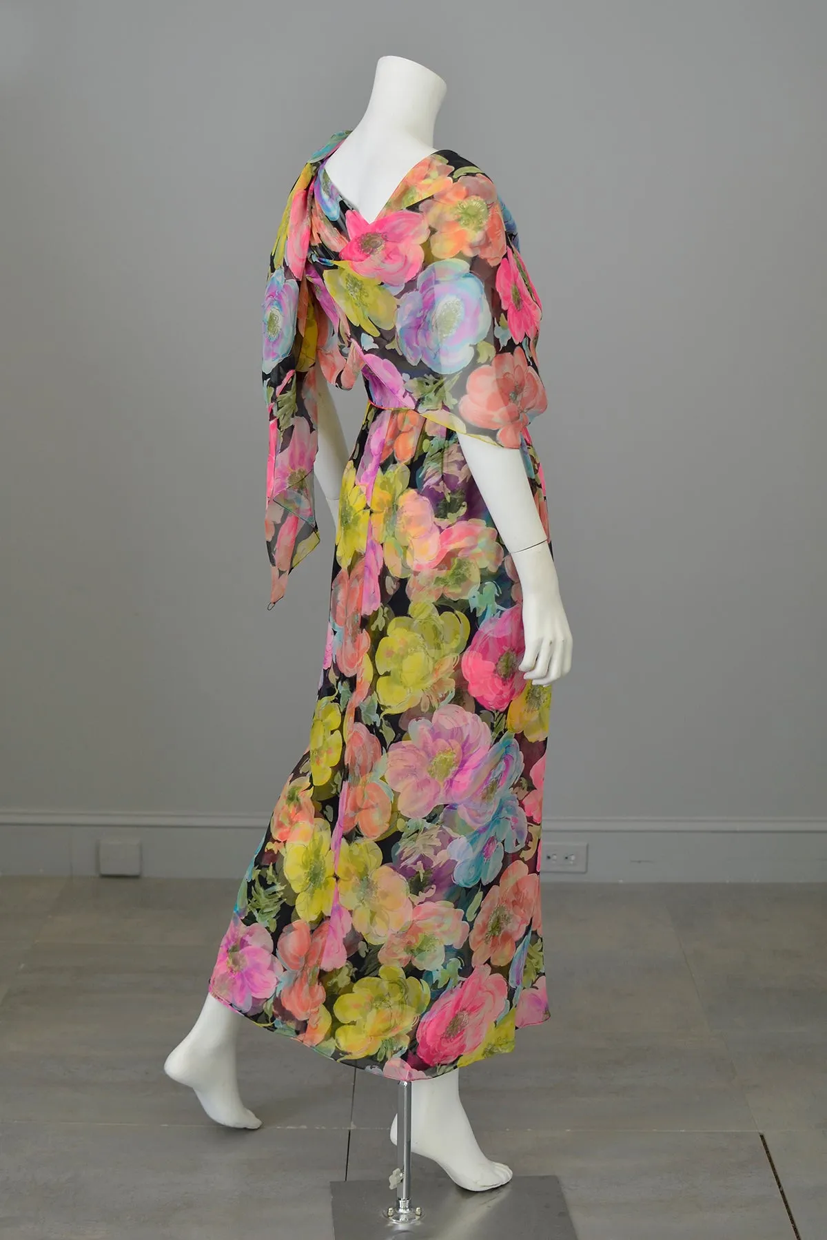 1960s Floral Print Chiffon Draping Goddess Gown Dress