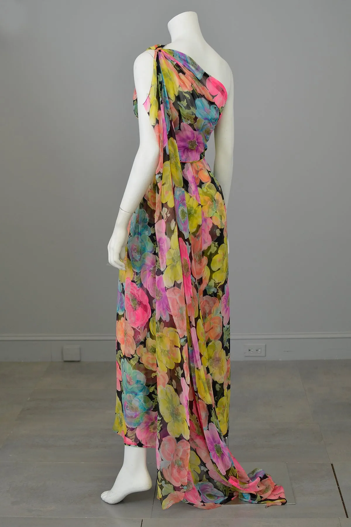 1960s Floral Print Chiffon Draping Goddess Gown Dress