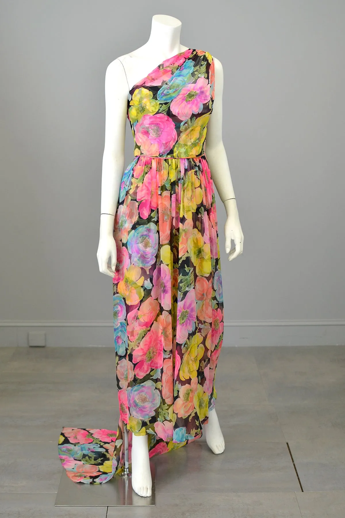 1960s Floral Print Chiffon Draping Goddess Gown Dress