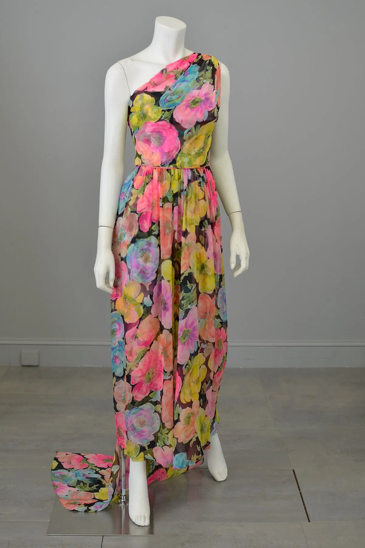 1960s Floral Print Chiffon Draping Goddess Gown Dress