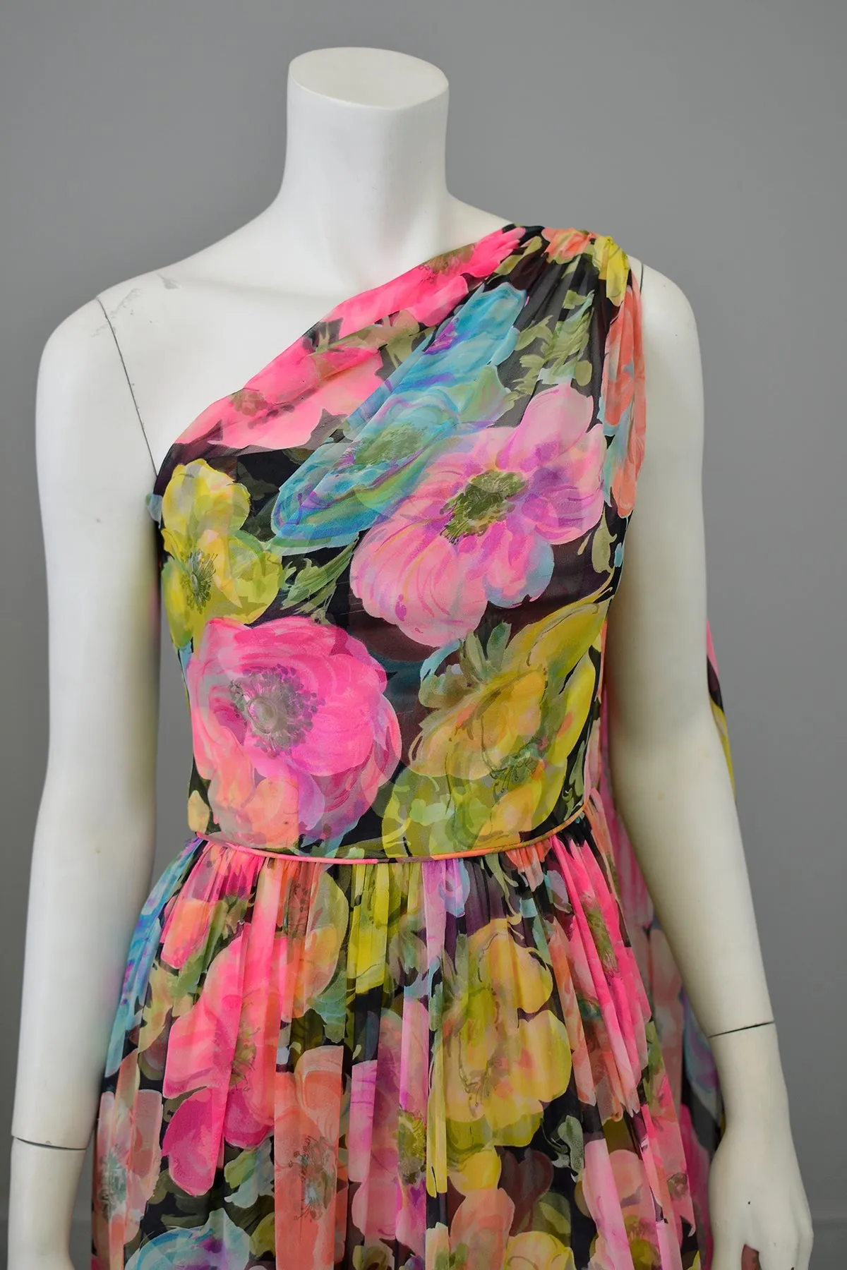 1960s Floral Print Chiffon Draping Goddess Gown Dress