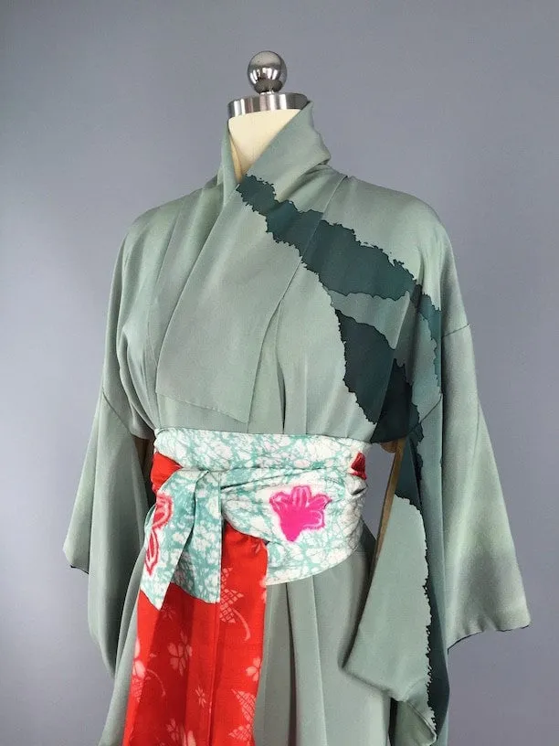 1960s Vintage Kimono Robe / Abstract Green