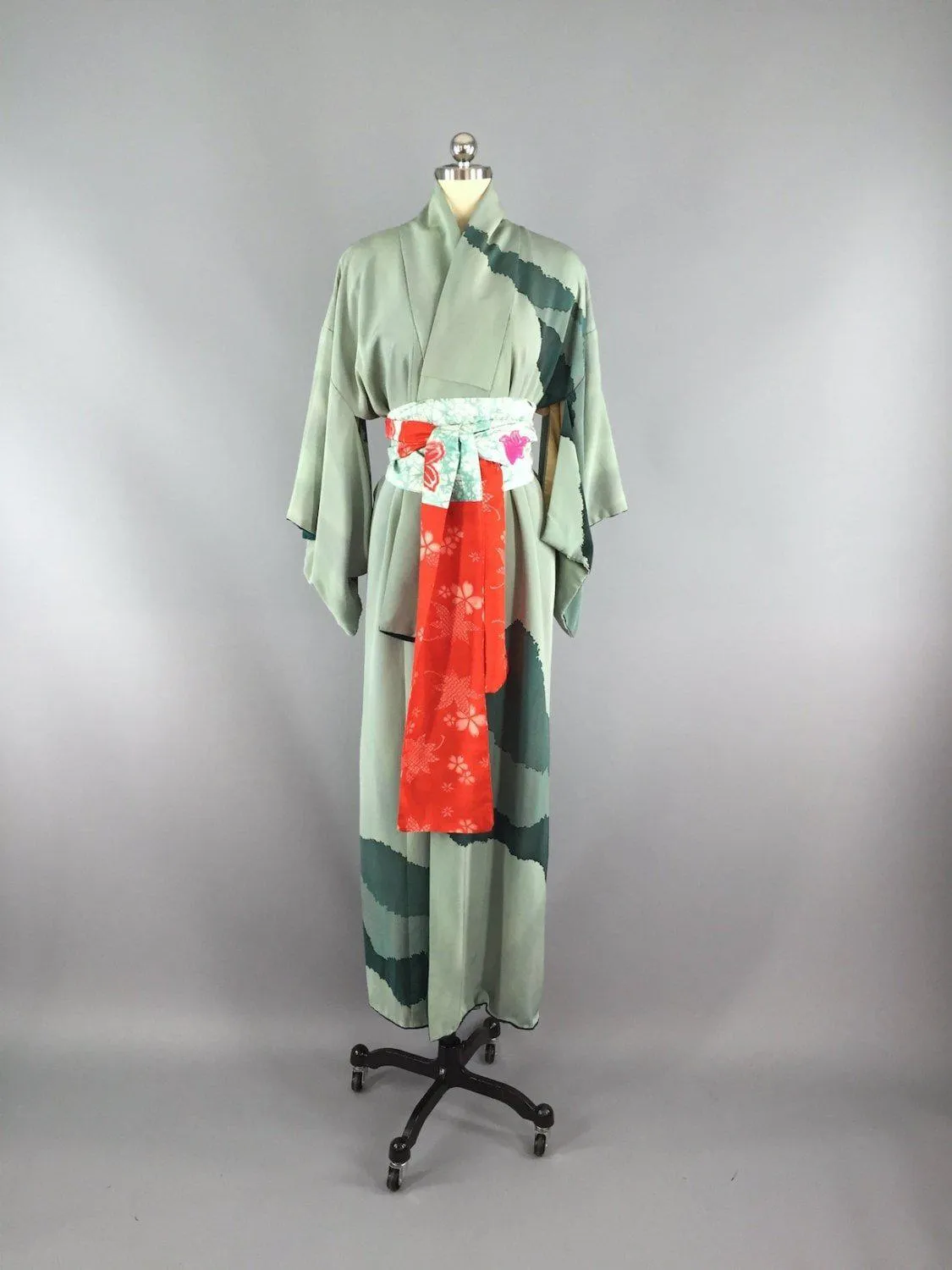 1960s Vintage Kimono Robe / Abstract Green