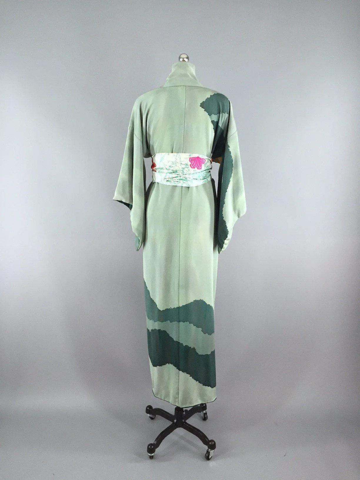 1960s Vintage Kimono Robe / Abstract Green