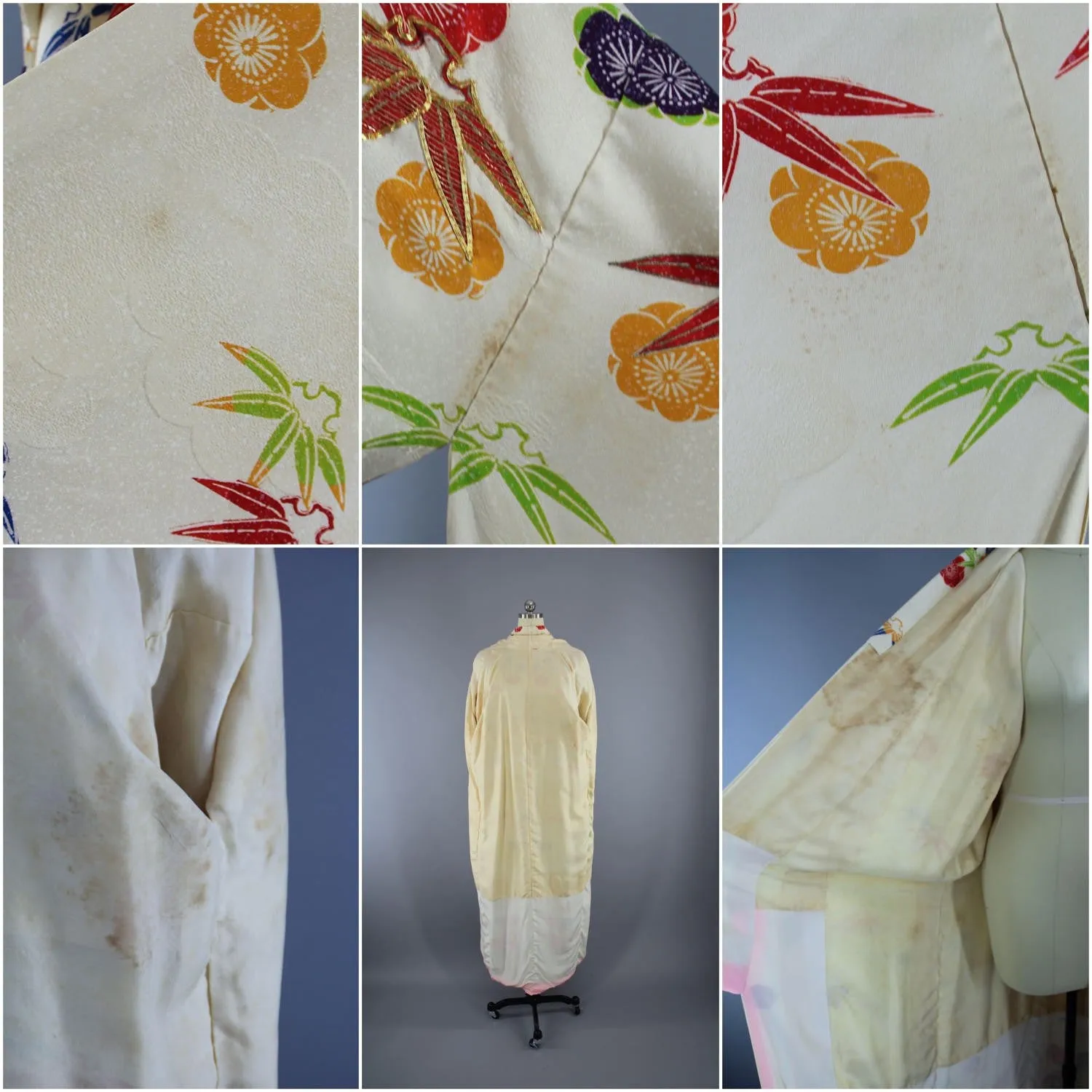 1960s Vintage Silk Kimono Robe Furisode / Ivory Floral Gold Embroidery