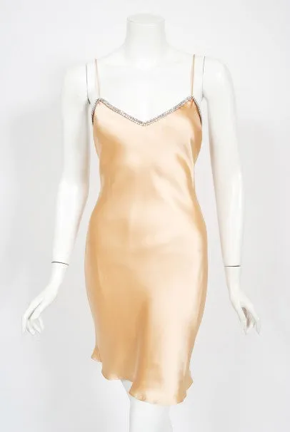 1995 Dolce & Gabbana Rhinestone Peach Silk Bias-Cut Slip Dress w/ Jacket