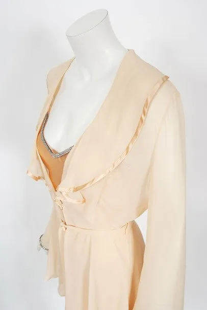 1995 Dolce & Gabbana Rhinestone Peach Silk Bias-Cut Slip Dress w/ Jacket