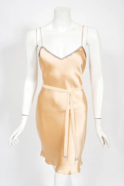 1995 Dolce & Gabbana Rhinestone Peach Silk Bias-Cut Slip Dress w/ Jacket