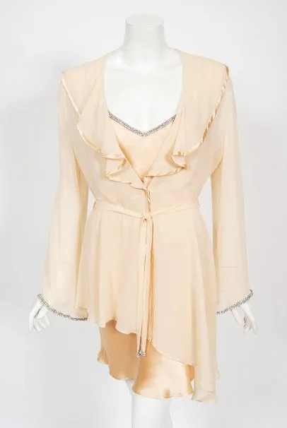 1995 Dolce & Gabbana Rhinestone Peach Silk Bias-Cut Slip Dress w/ Jacket