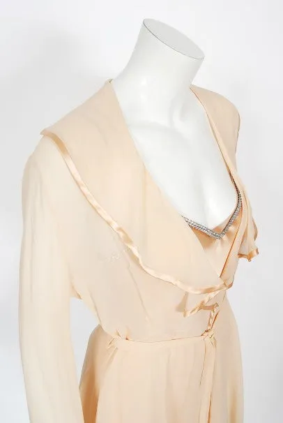 1995 Dolce & Gabbana Rhinestone Peach Silk Bias-Cut Slip Dress w/ Jacket