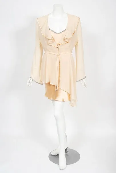 1995 Dolce & Gabbana Rhinestone Peach Silk Bias-Cut Slip Dress w/ Jacket