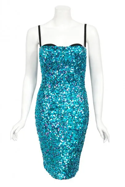 2000 Dolce & Gabbana 'Legally Blonde' Blue Sequin Bodycon Bra Mini Dress